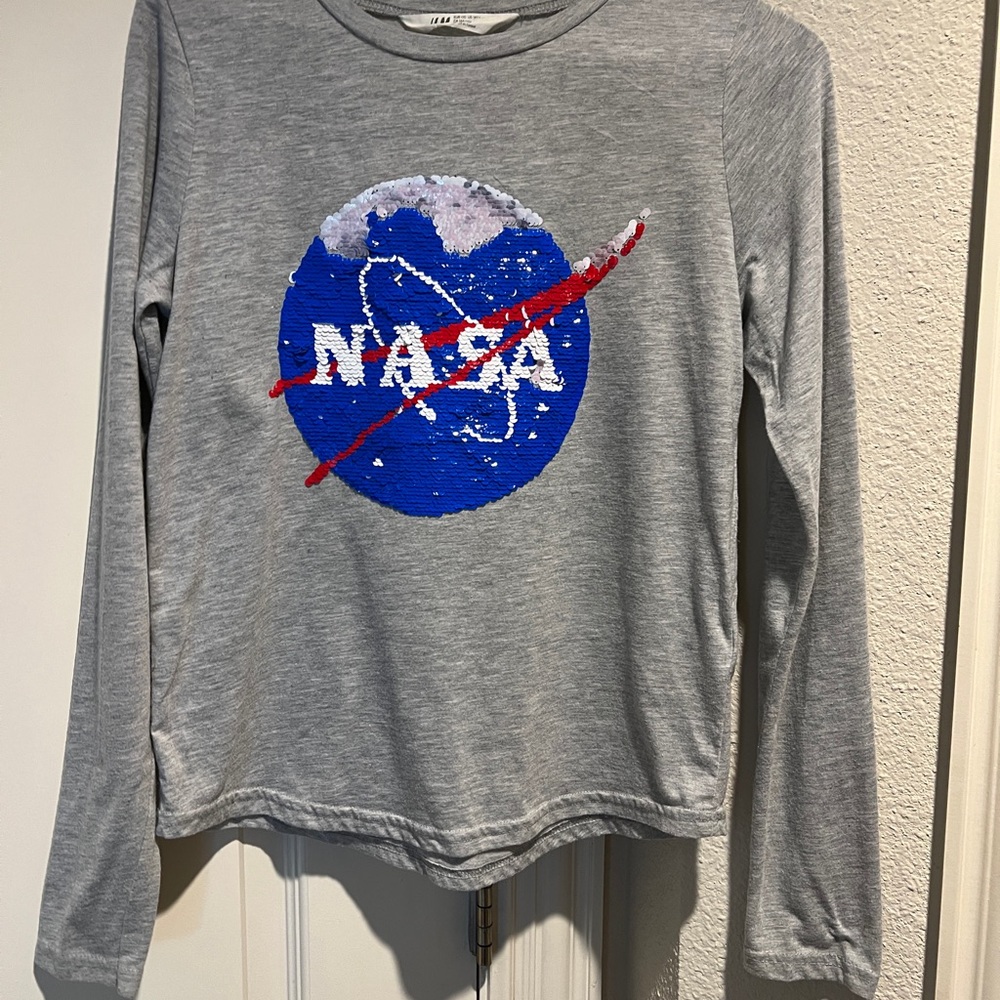 H&M Kids Girls Gray sequin NASA Long Sleeve Shirt Sz 14